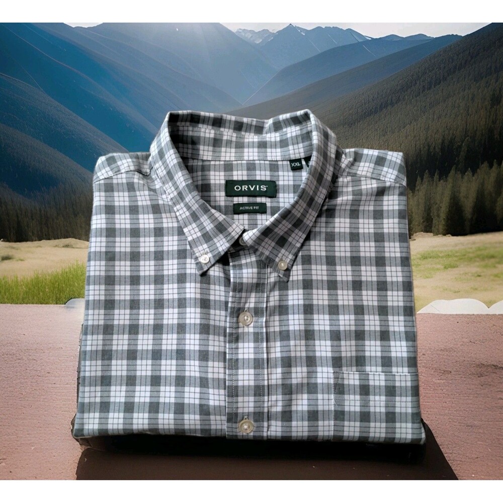 ORVIS ACTIVE FIT ULTRA LIGHT LONG SLEEVE SHIRT GRAY PLAID MENS SIZE XXL EUC